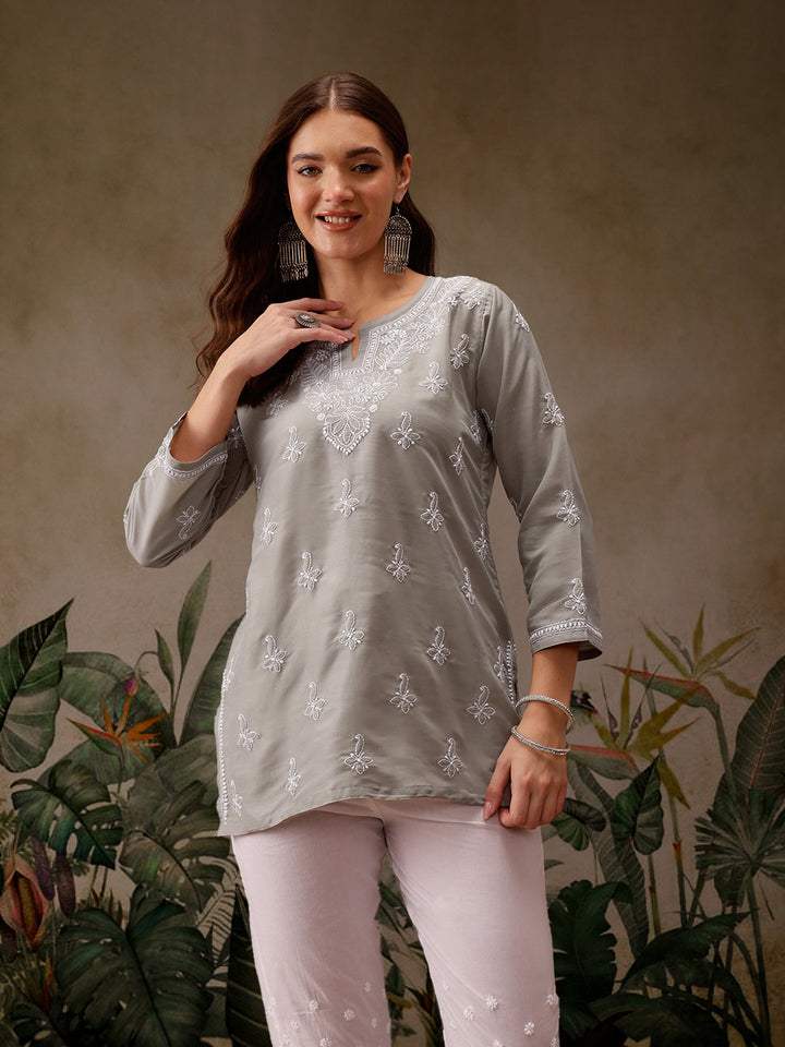 Grey Muslin Lucknowi Chikankari Tunic Only