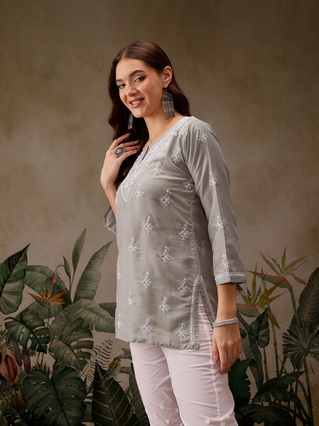 Grey Muslin Lucknowi Chikankari Tunic Only