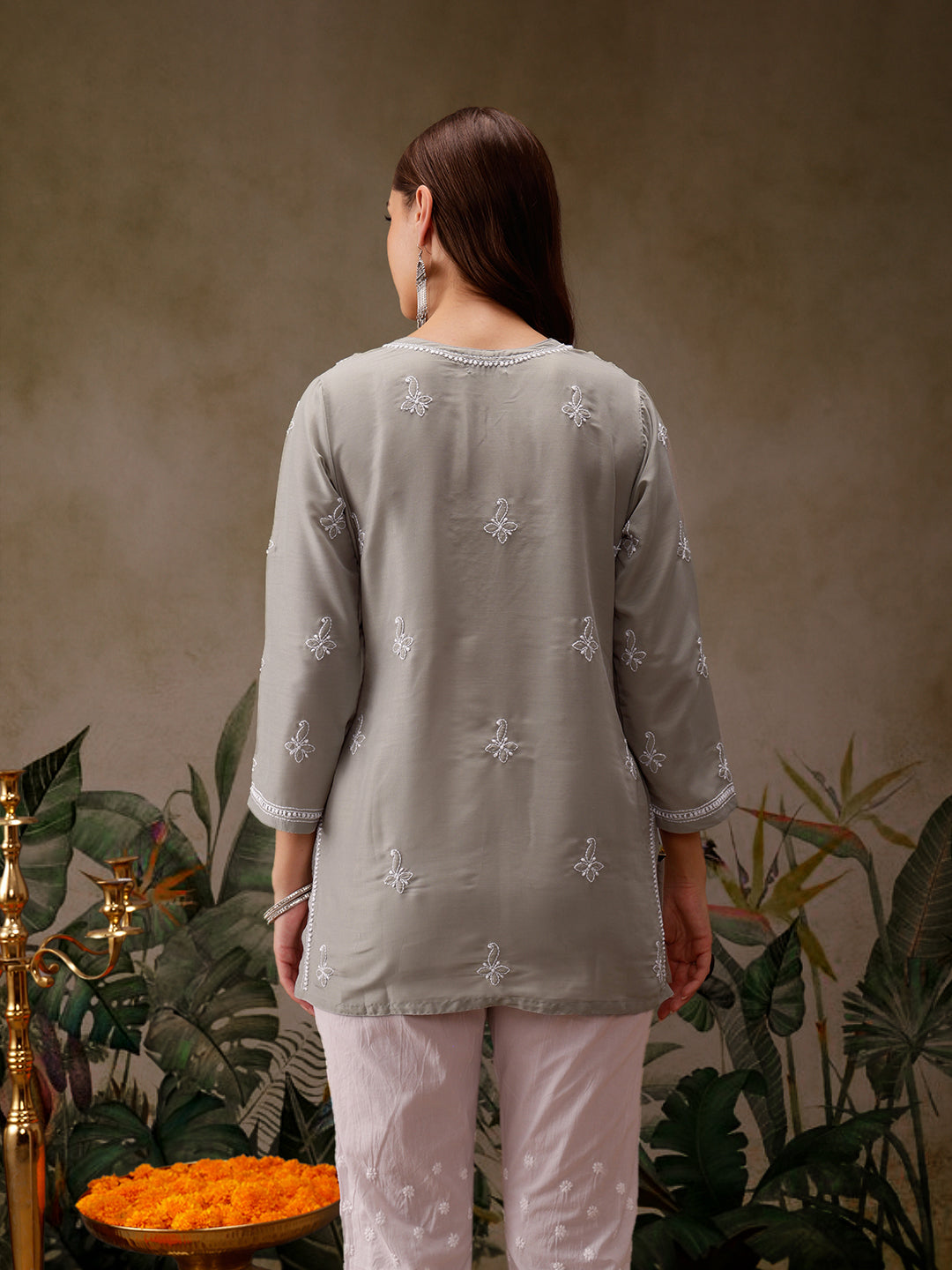 Grey Muslin Lucknowi Chikankari Tunic Only