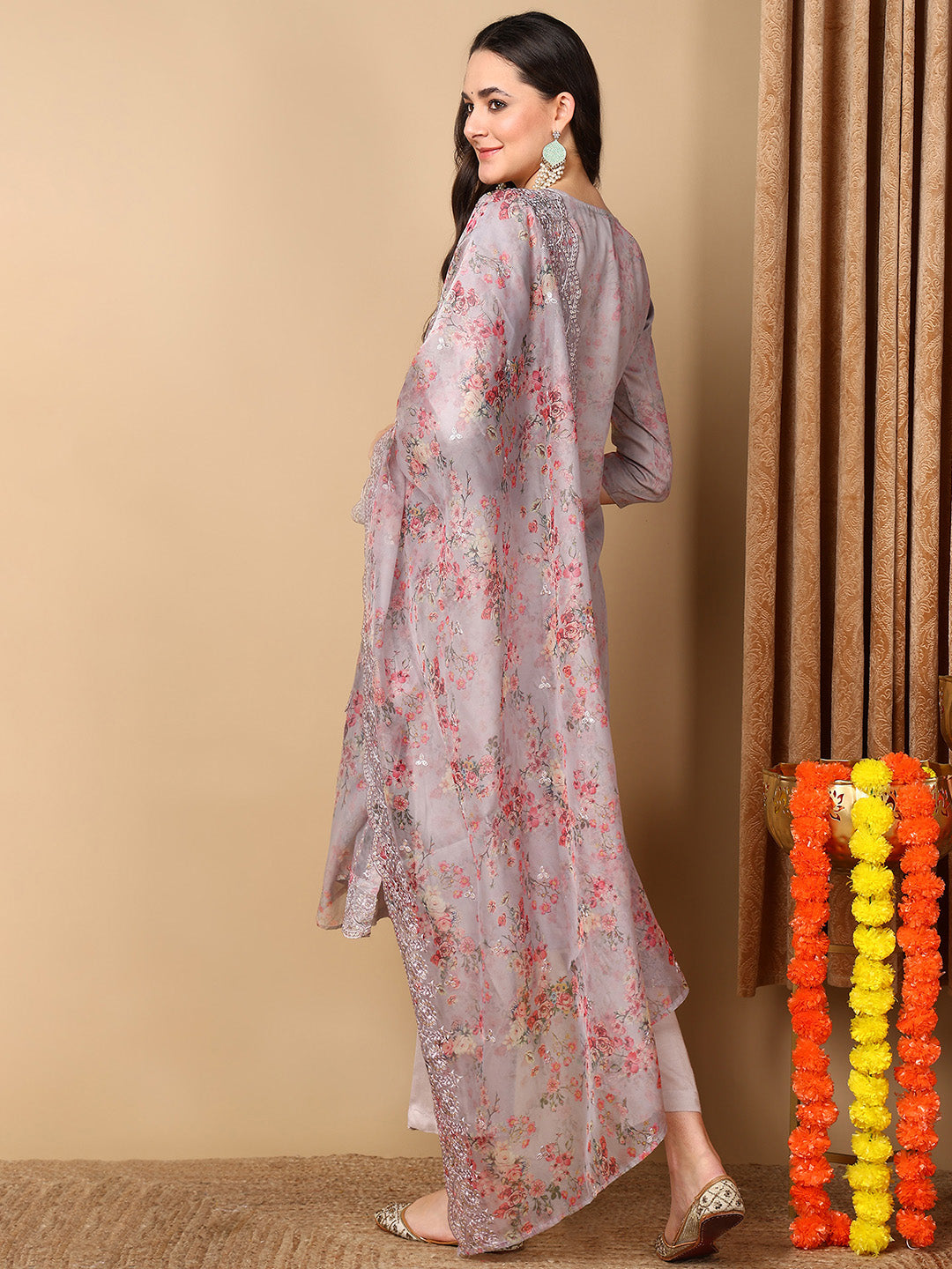 Grey Organza Floral Embroidered Straight Kurta Trouser With Dupatta