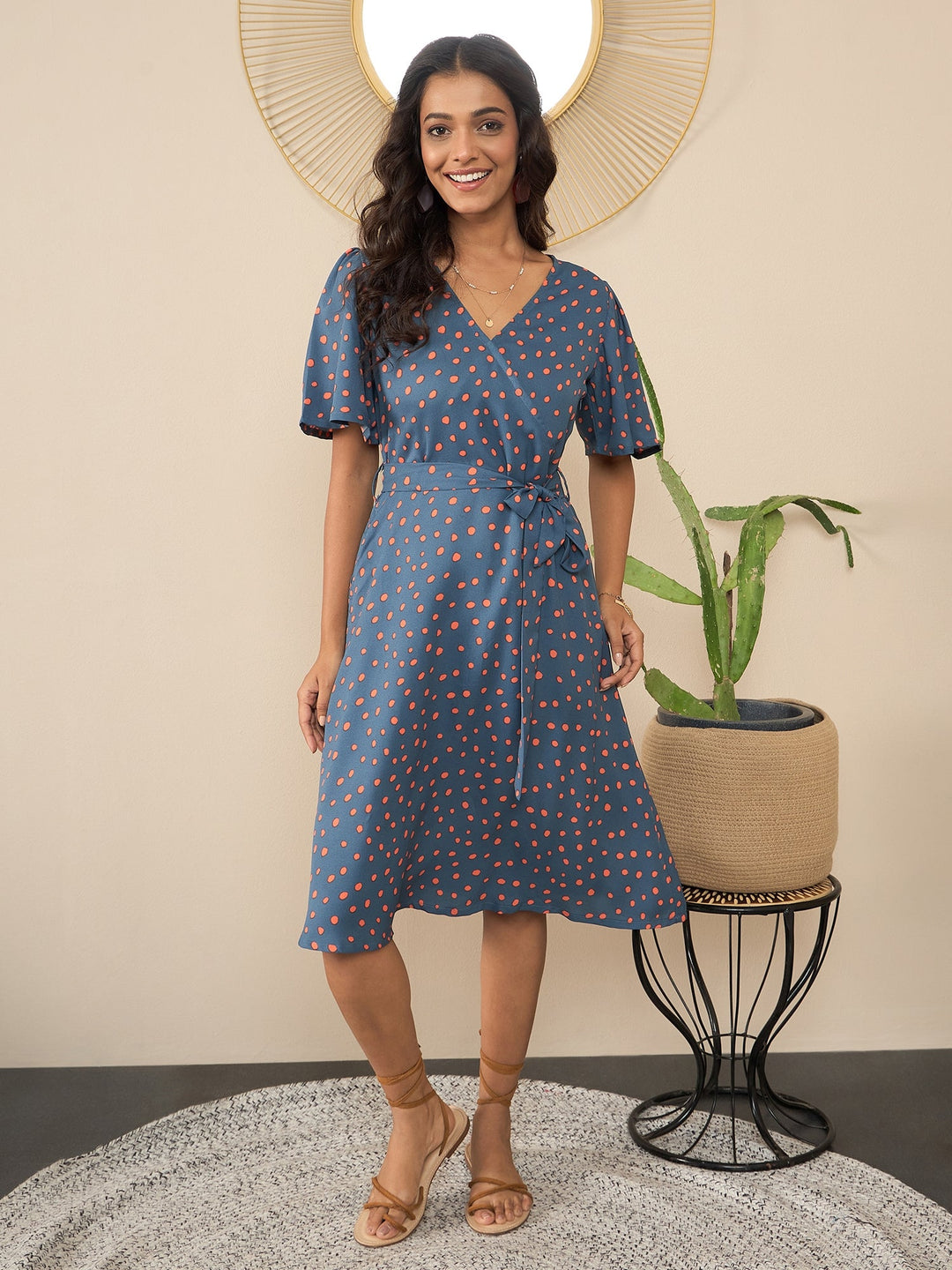 Grey-Polyester-Moss-Polka-Wrap-Dress