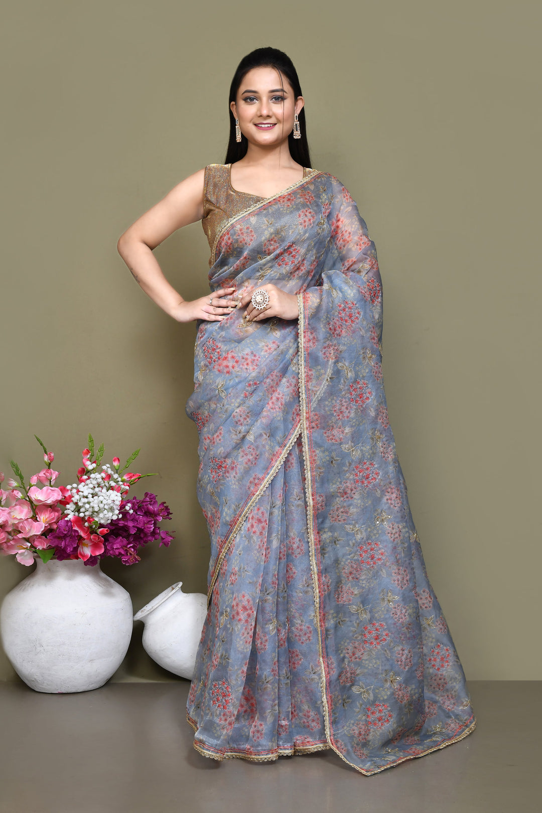 Grey-Pure-Organza-Floral-Print-Embroidered-Saree