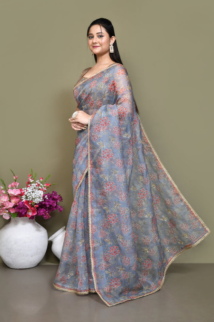 Grey-Pure-Organza-Floral-Print-Embroidered-Saree