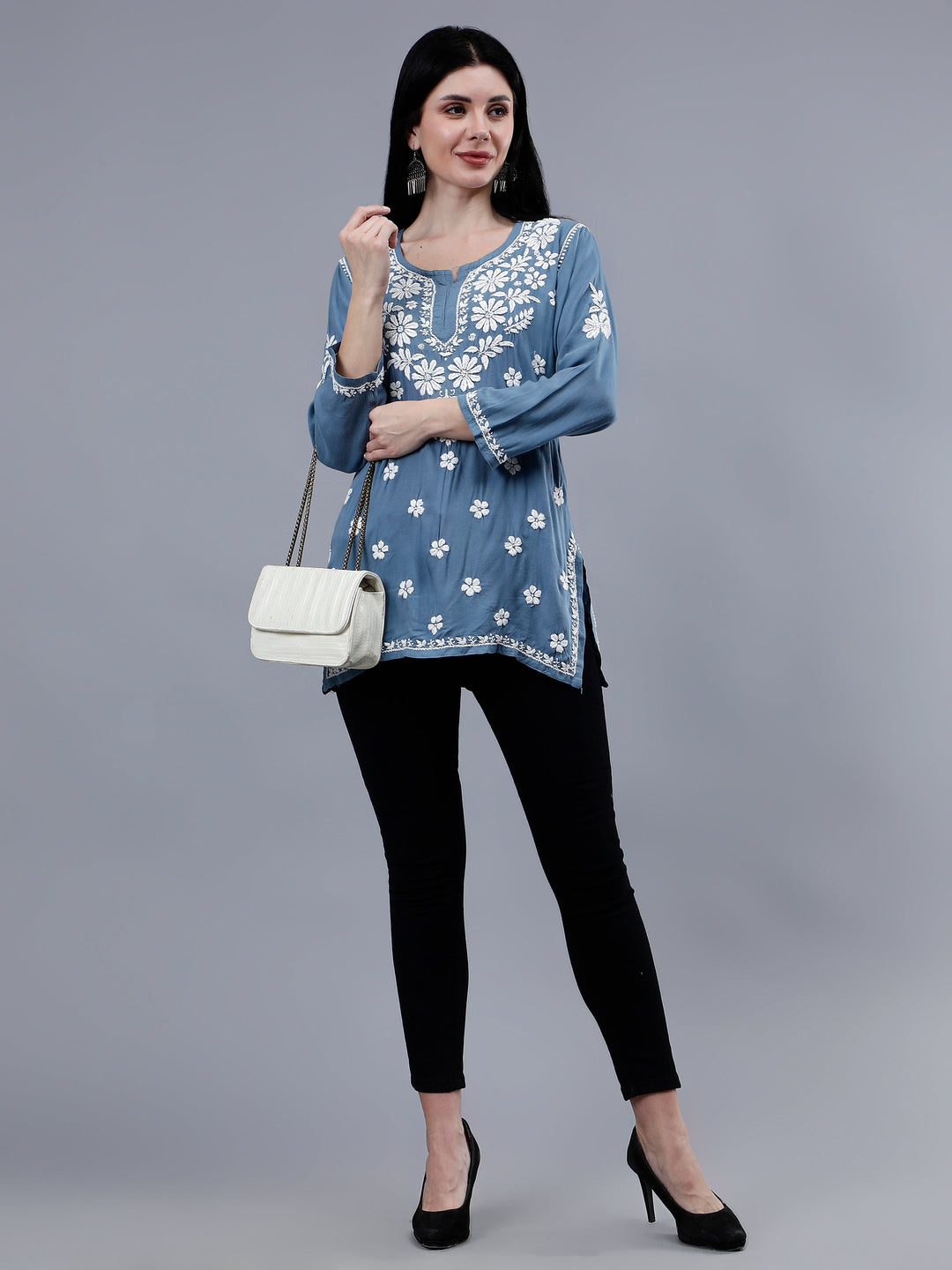 Grey-Rayon-Embroidered-Chikankari-Short-Tunic