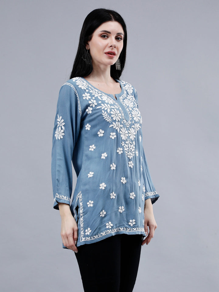 Grey-Rayon-Embroidered-Chikankari-Short-Tunic