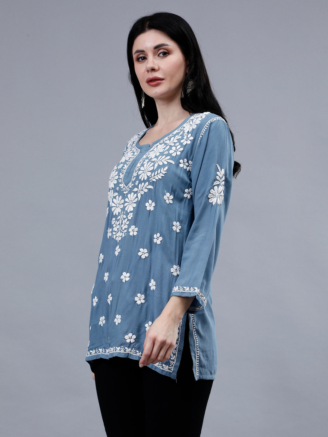 Grey-Rayon-Embroidered-Chikankari-Short-Tunic