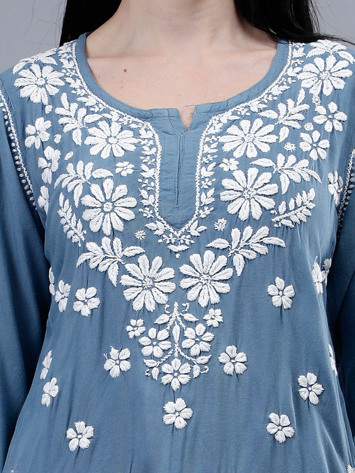 Grey-Rayon-Embroidered-Chikankari-Short-Tunic