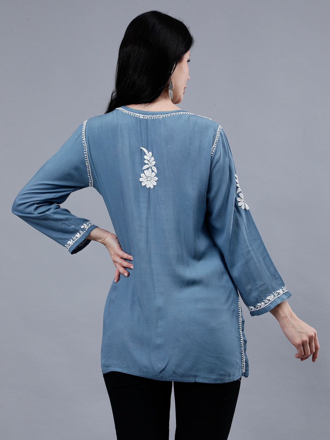 Grey-Rayon-Embroidered-Chikankari-Short-Tunic