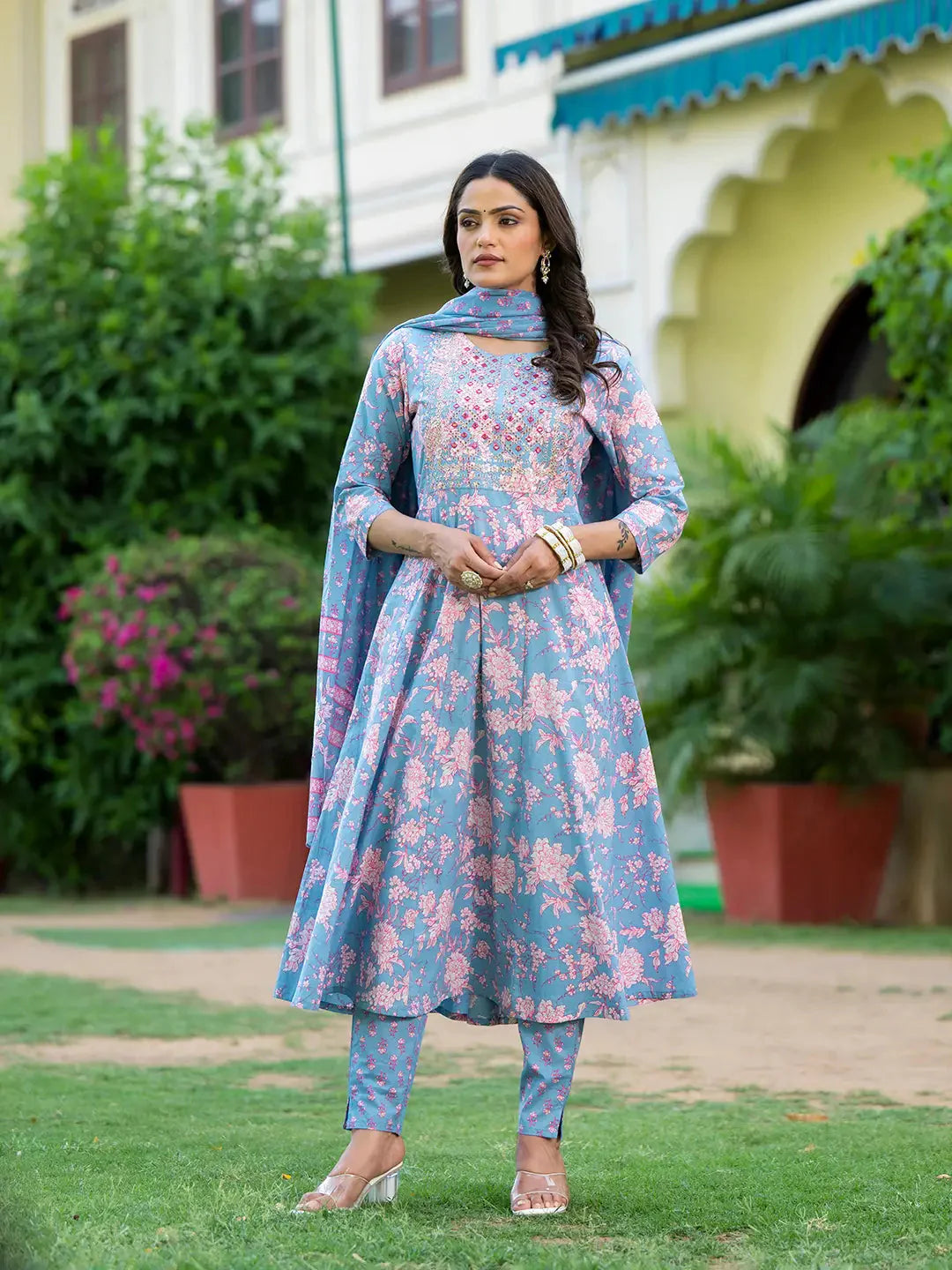 Grey-Cotton-Floral-Print-Zari-Work-Anarkali-Set