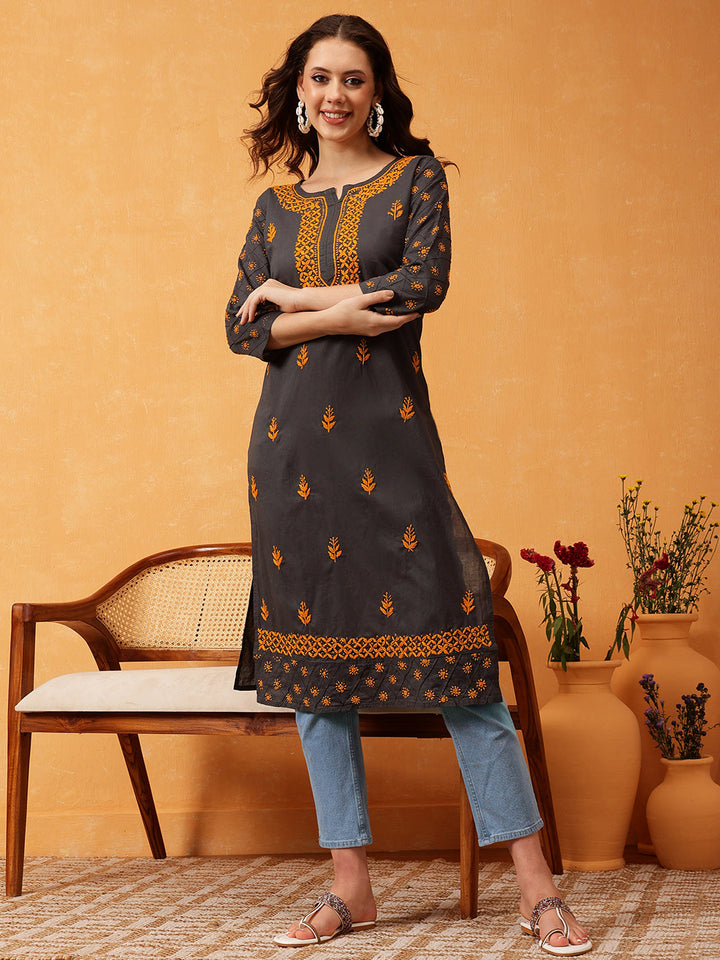 Grey & Mustard Sustainable Cotton Chikankari Kurta