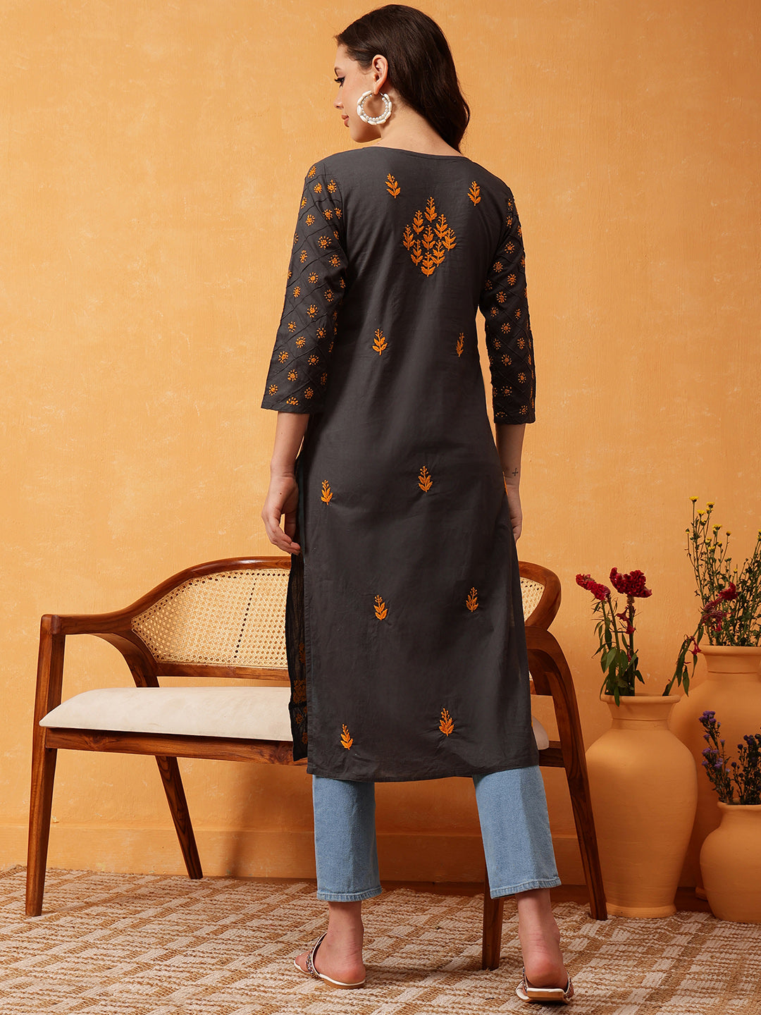 Grey & Mustard Sustainable Cotton Chikankari Kurta