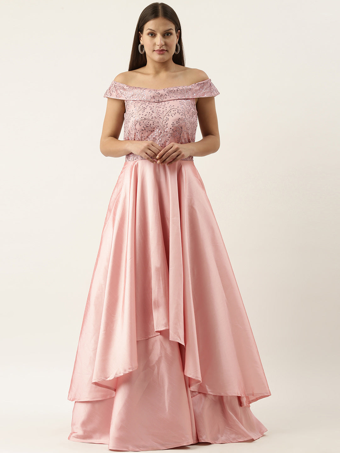 Grey-&-Pink-Embroidered-Off-Shoulder-Gown