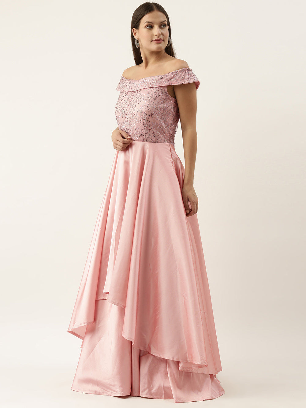 Grey-&-Pink-Embroidered-Off-Shoulder-Gown