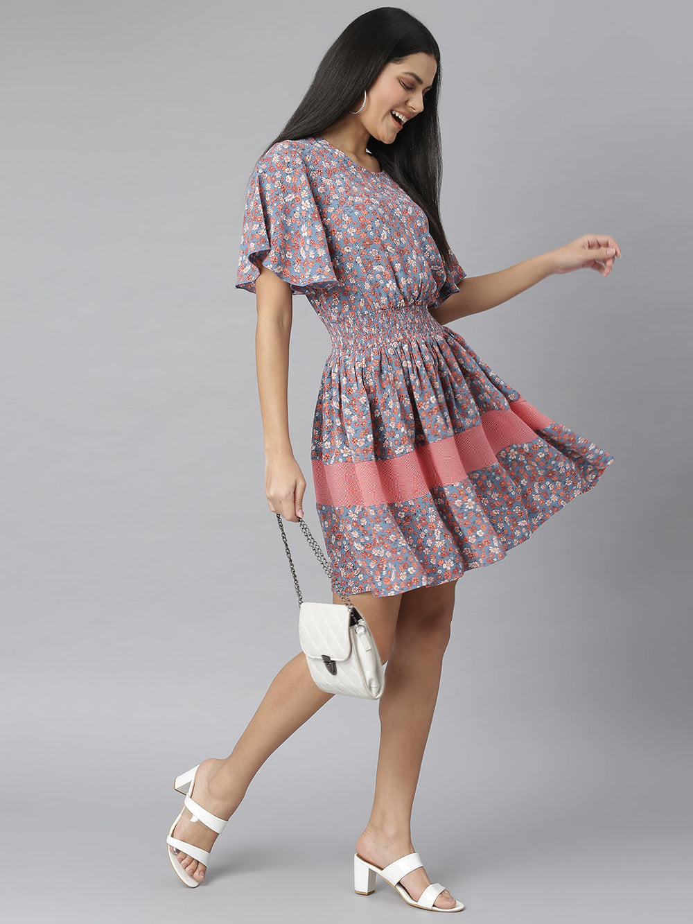 Grey-&-Red-Floral-Printed-Fit-And-Flare-Dress