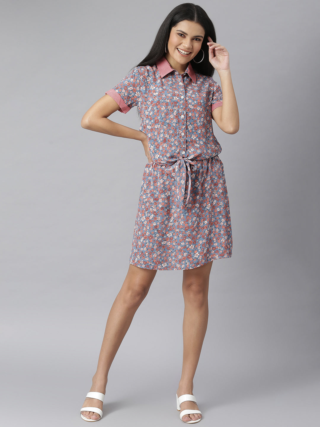 Grey-&-Red-Floral-Tie-Knot-Dress