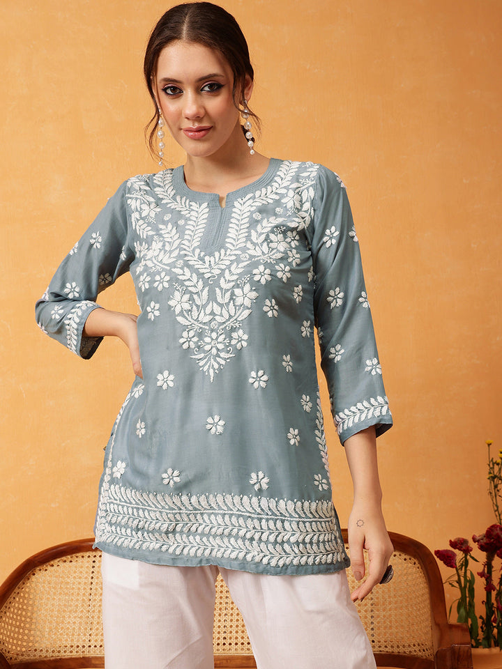 Grey & White Authentic Muslin Chikankari Tunic