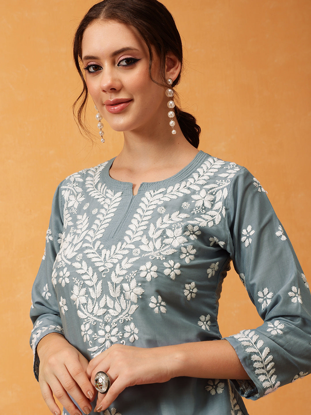 Grey & White Authentic Muslin Chikankari Tunic