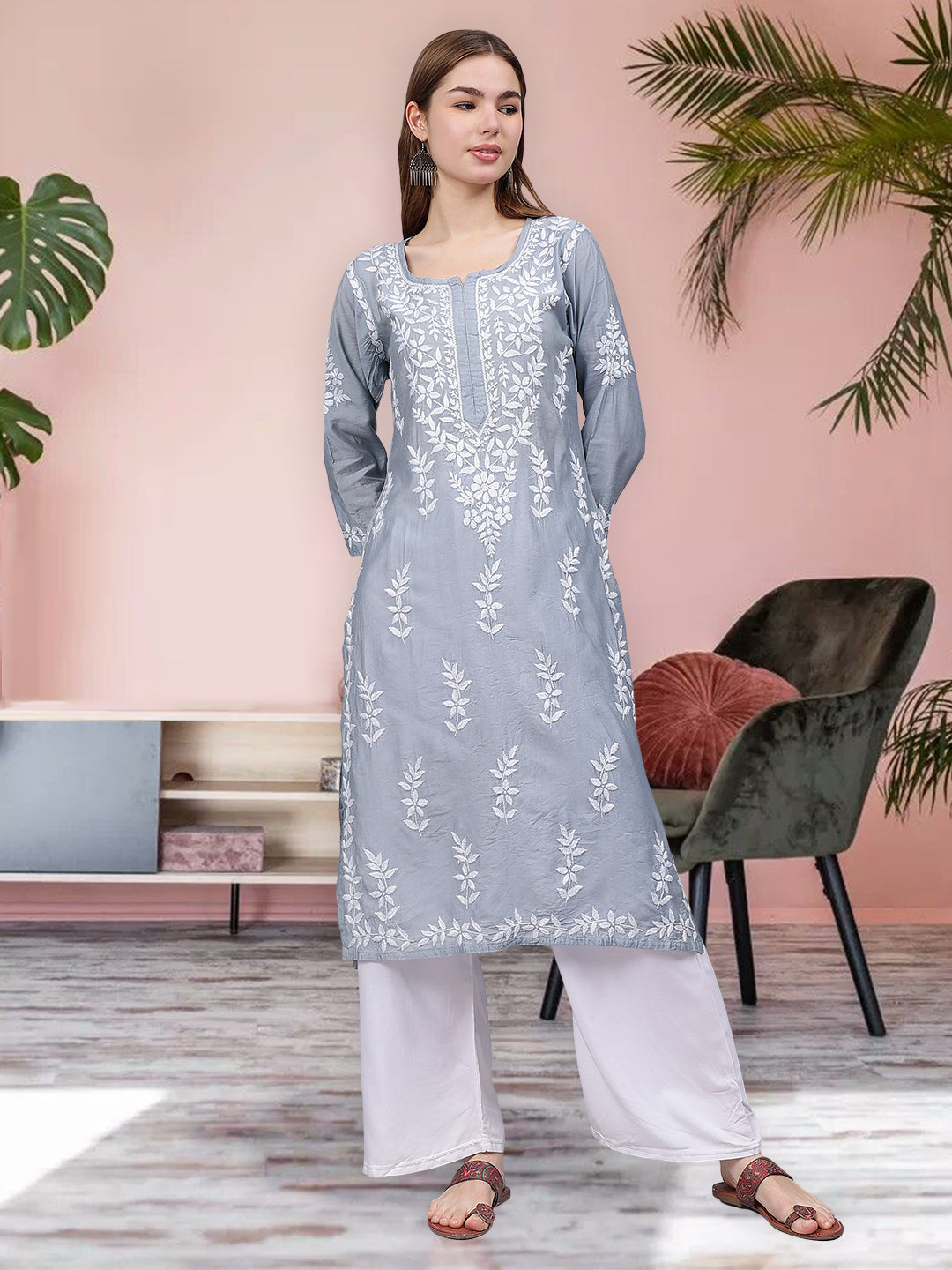 Grey-&-White-Chanderi-Embroidered-Chikankari-Kurti