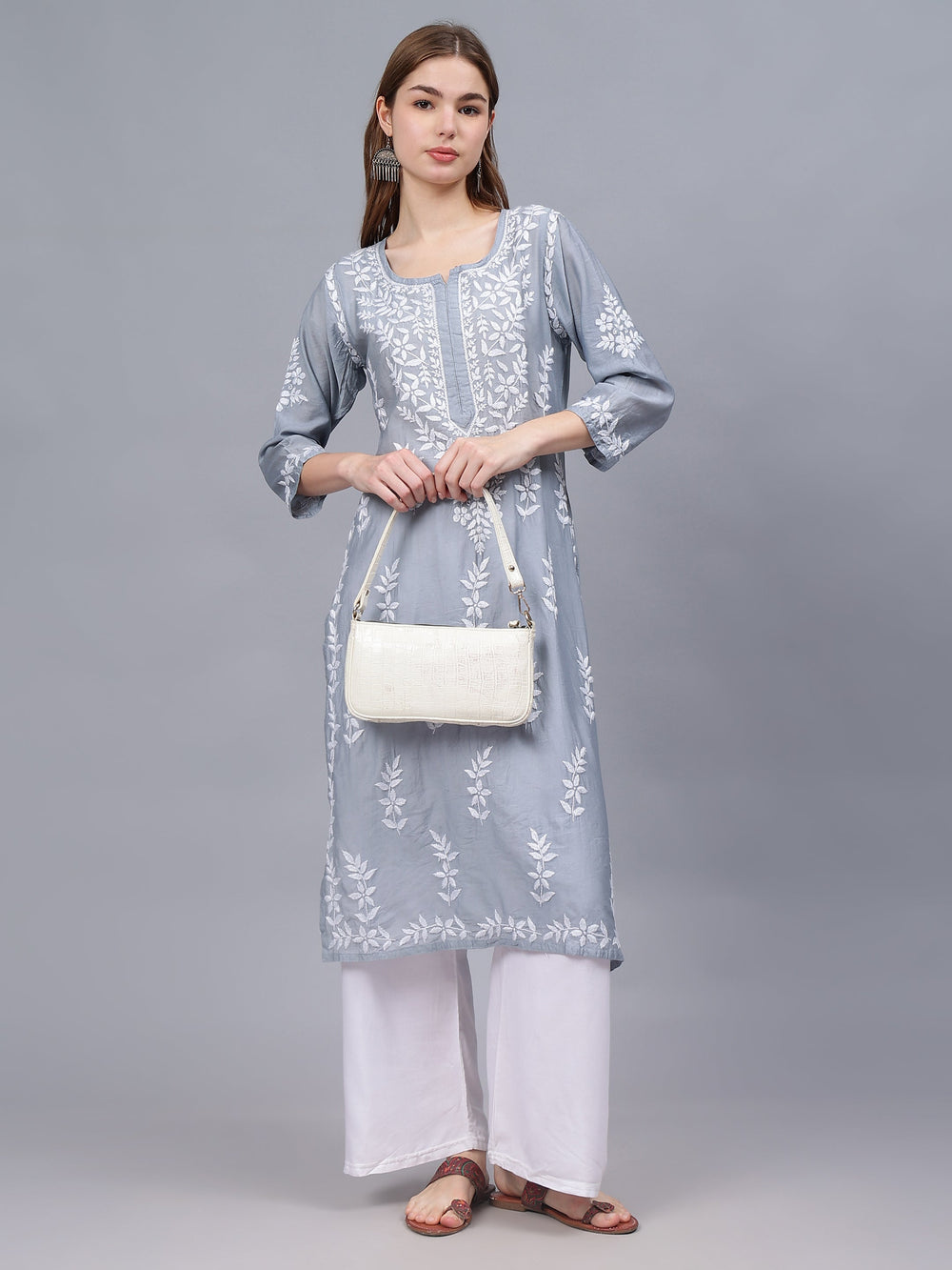 Grey-&-White-Chanderi-Embroidered-Chikankari-Kurti