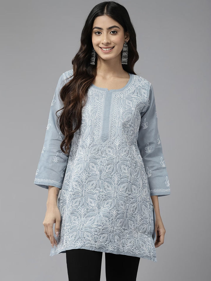 Grey & White Cotton Chikankari Tunic