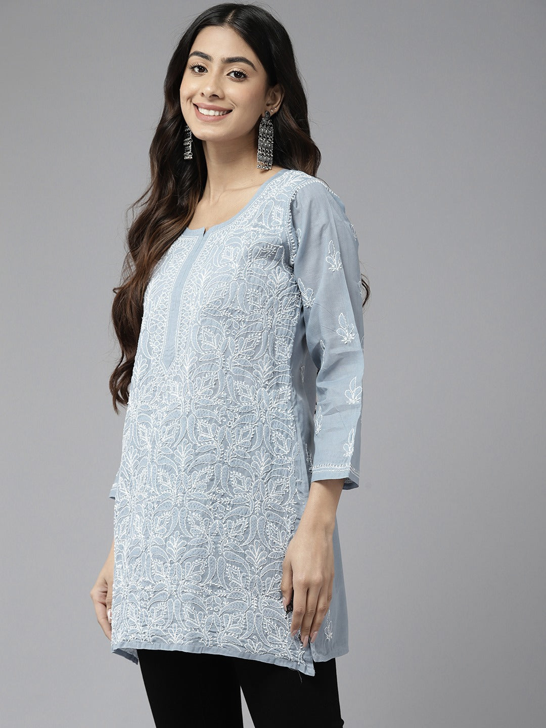 Grey & White Cotton Chikankari Tunic