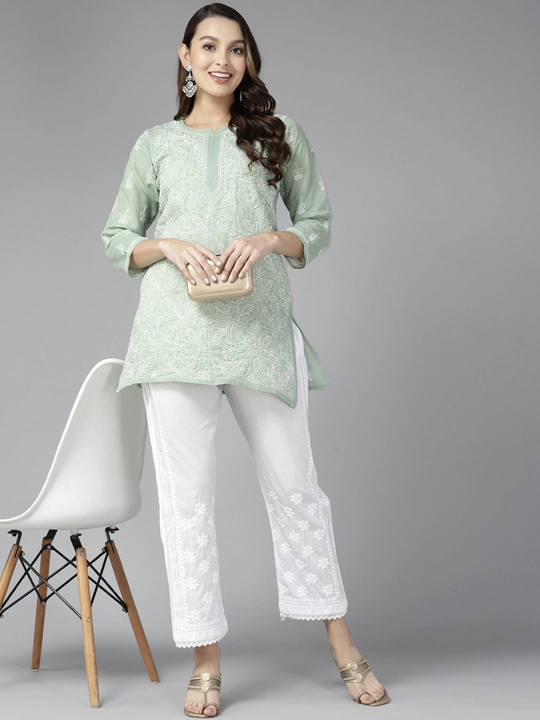 Grey & White Cotton Chikankari Tunic