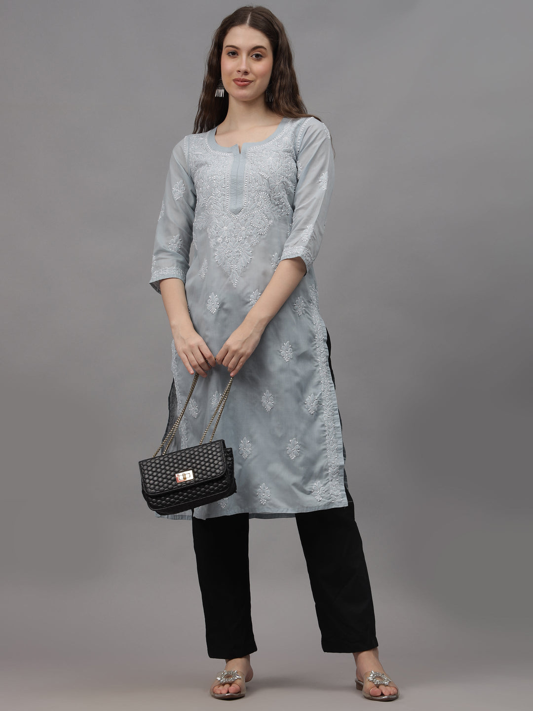 Grey-&-White-Cotton-Embroidered-Chikankari-Kurta