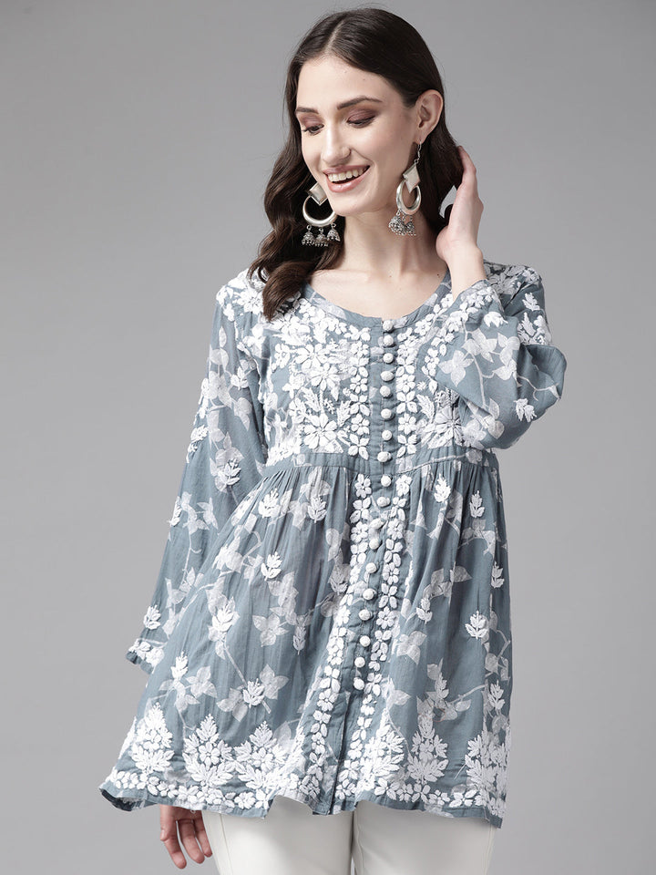 Grey-&-White-Cotton-Floral-Embroidered-Chikankari-Kurti