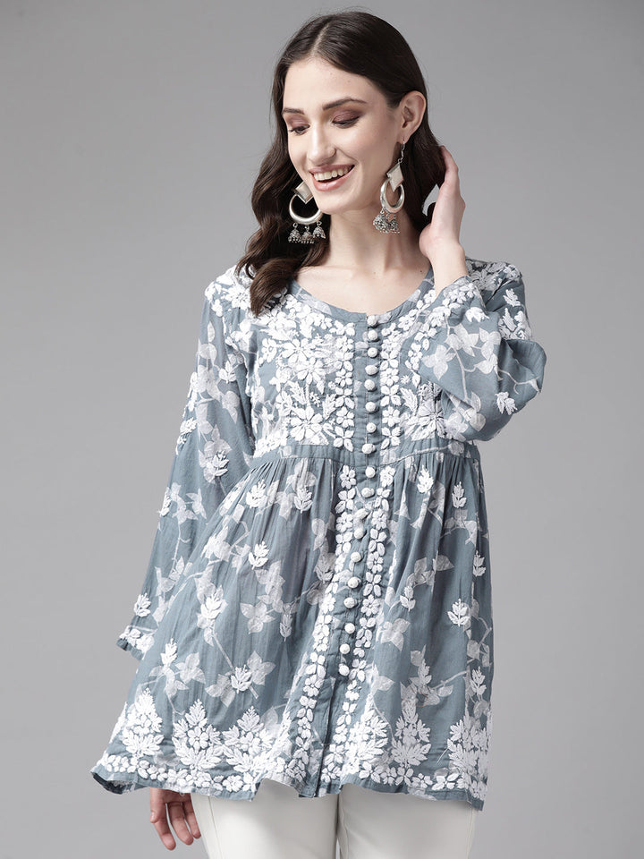 Grey-&-White-Cotton-Floral-Embroidered-Chikankari-Kurti