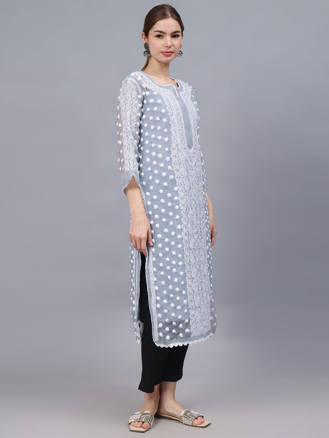 Grey-&-White-Georgette-Embroidered-Chikankari-Kurti-With-Slip