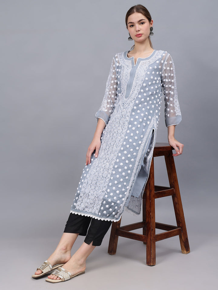 Grey-&-White-Georgette-Embroidered-Chikankari-Kurti-With-Slip