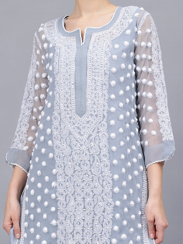 Grey-&-White-Georgette-Embroidered-Chikankari-Kurti-With-Slip