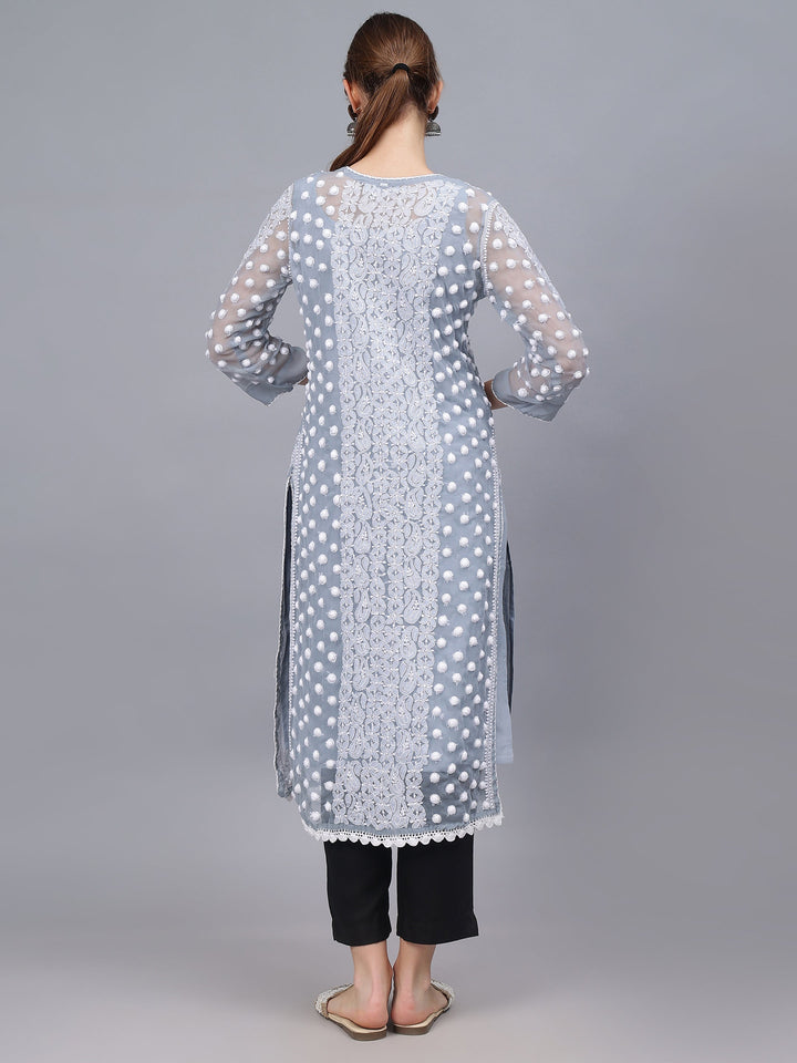 Grey-&-White-Georgette-Embroidered-Chikankari-Kurti-With-Slip