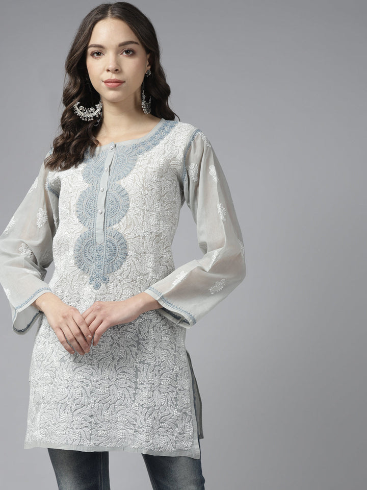 Grey & White Handloom Cotton Chikankari Tunic