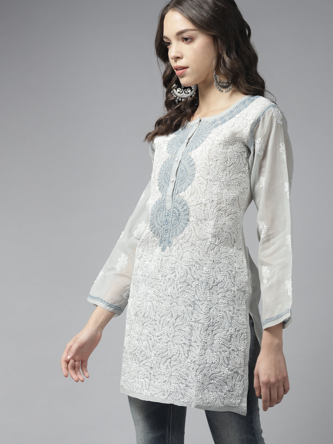 Grey & White Handloom Cotton Chikankari Tunic