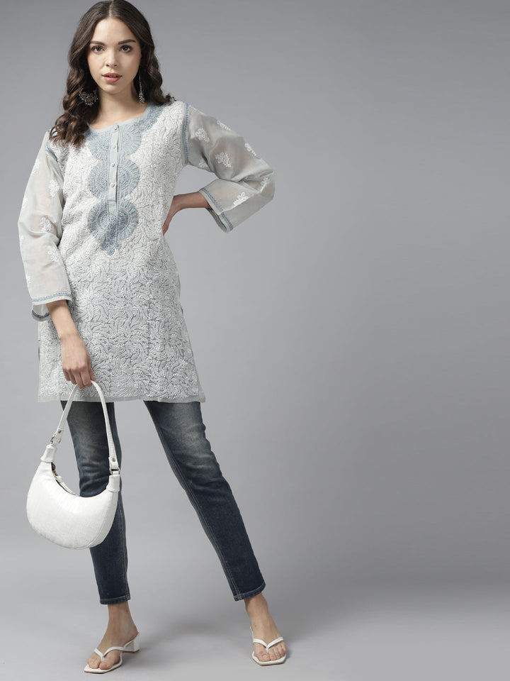 Grey & White Handloom Cotton Chikankari Tunic