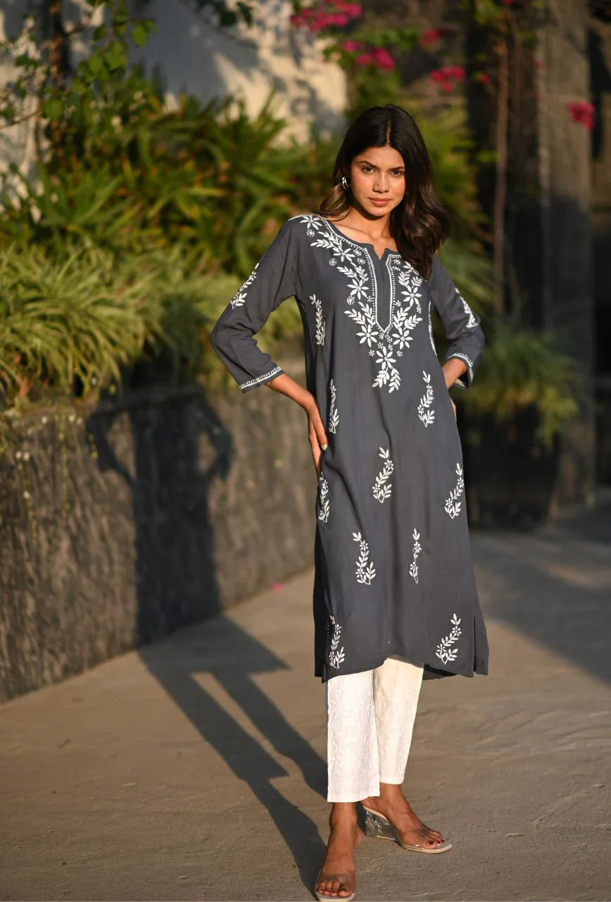 Grey-Cotton-Chikankari-Kurta-Only