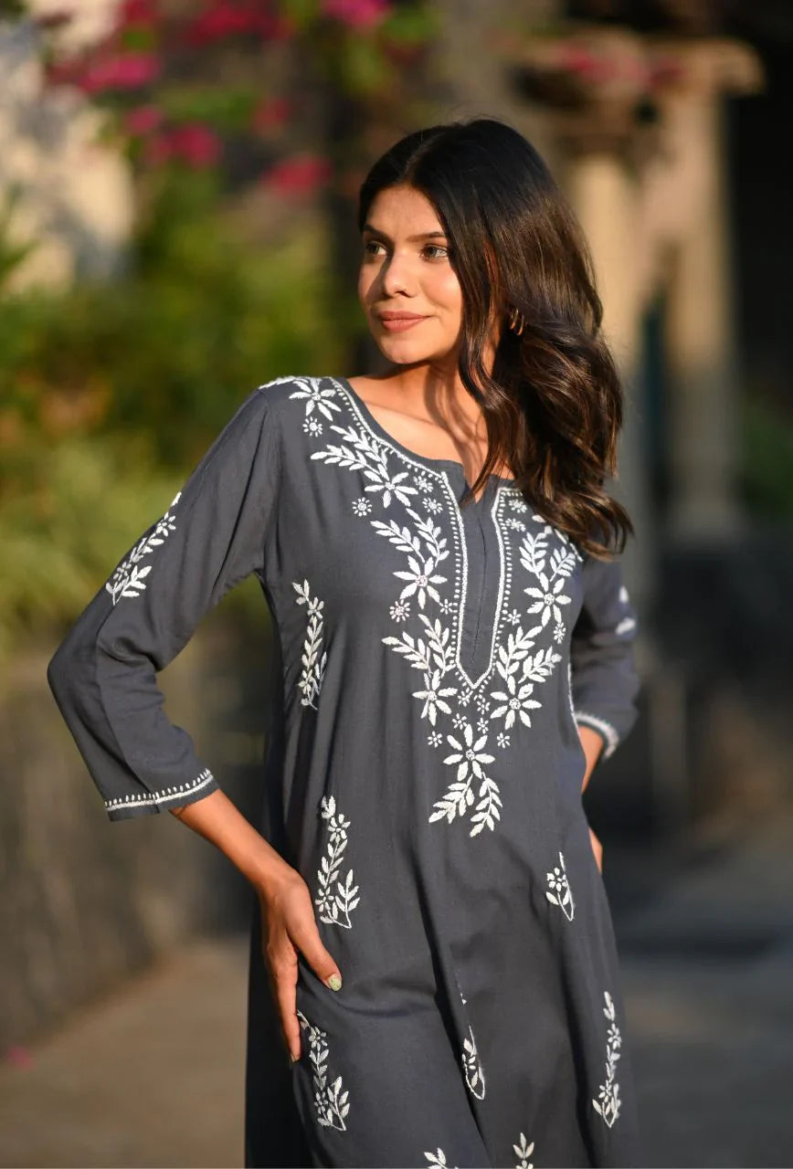 Grey-Cotton-Chikankari-Kurta-Only