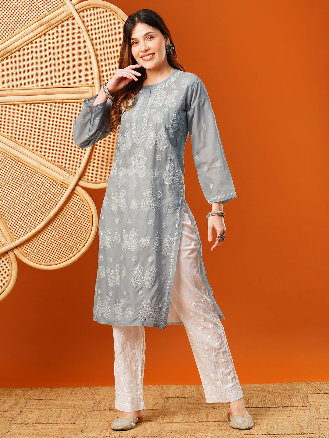 Grey-Cotton-Embroidered-Chikankari-Kurta-Only