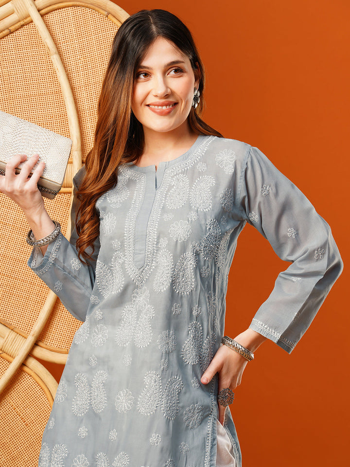 Grey-Cotton-Embroidered-Chikankari-Kurta-Only