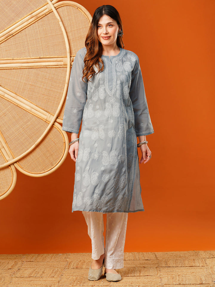 Grey-Cotton-Embroidered-Chikankari-Kurta-Only
