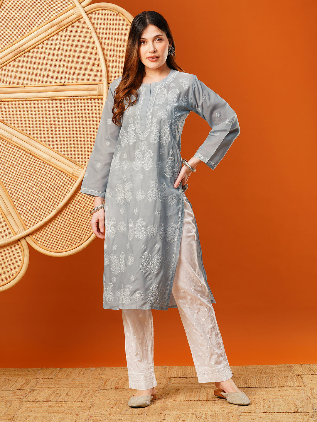 Grey-Cotton-Embroidered-Chikankari-Kurta-Only