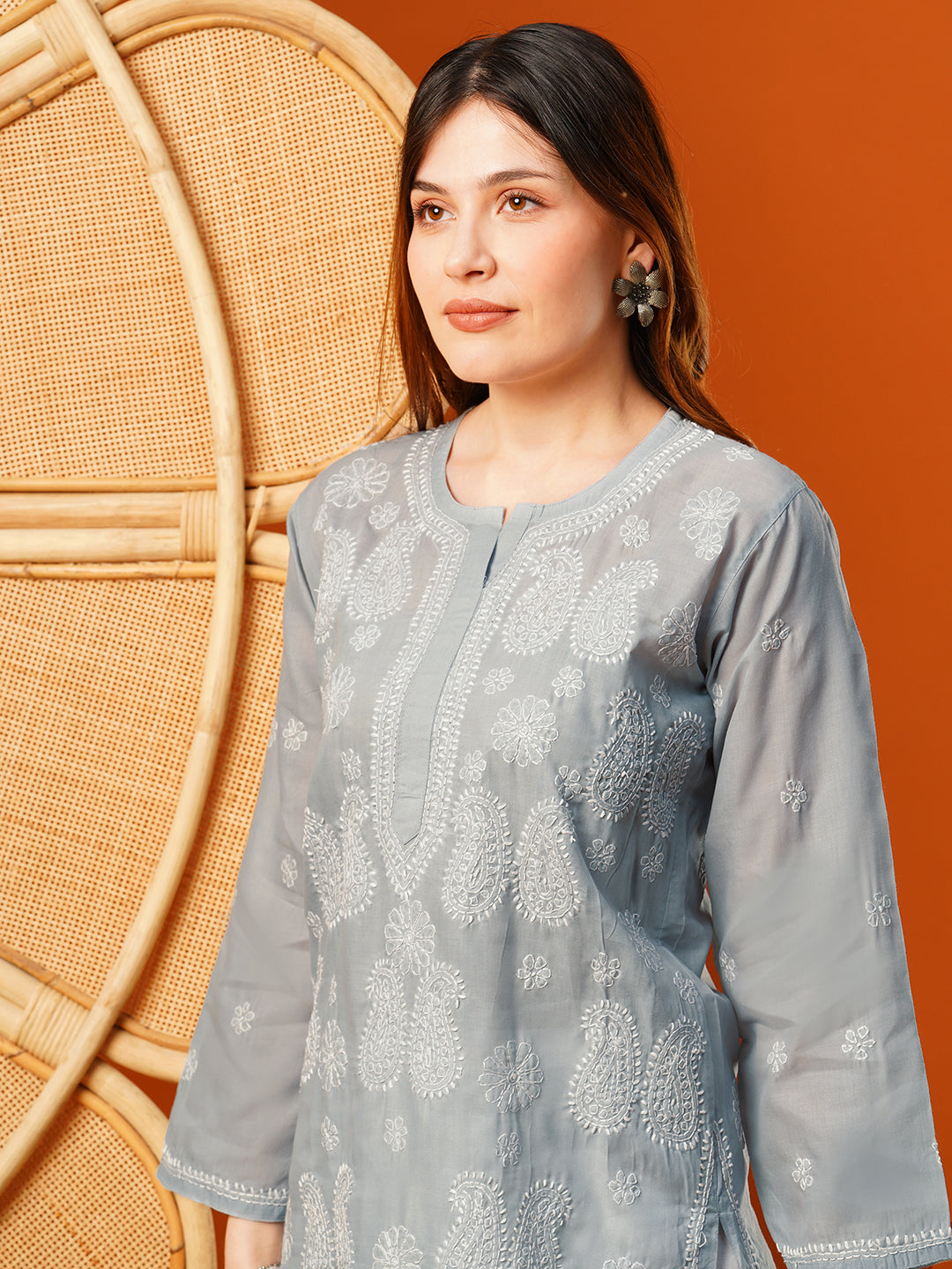 Grey-Cotton-Embroidered-Chikankari-Kurta-Only