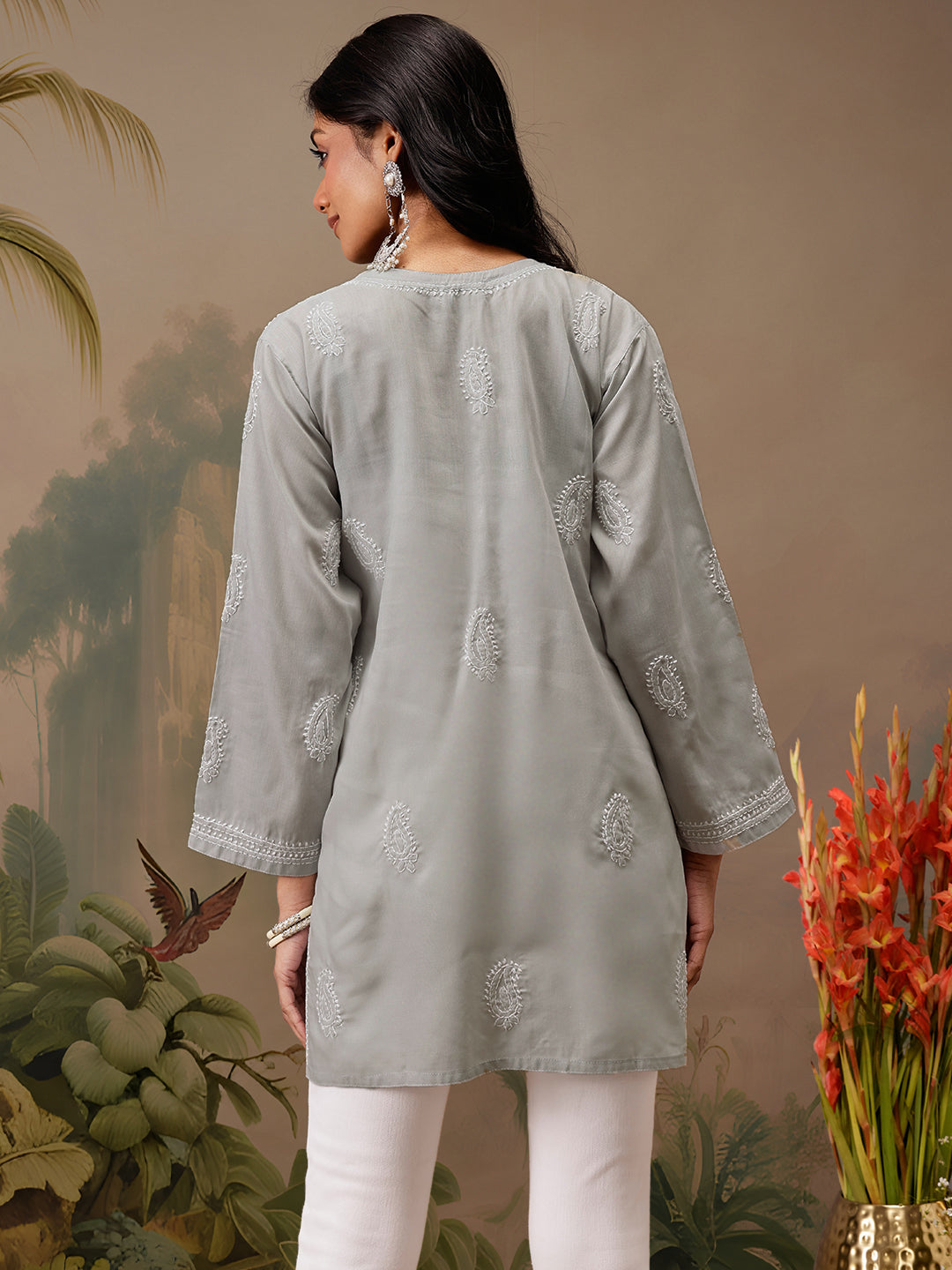 Grey Cotton 100% Original Chikankari Tunic Top