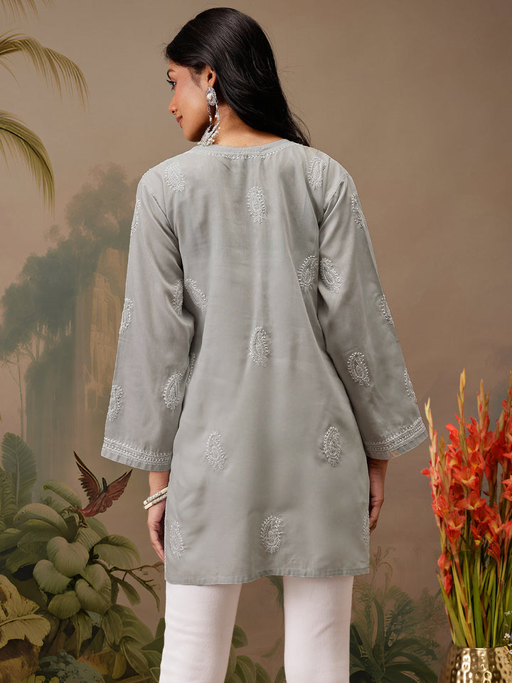 Grey Cotton 100% Original Chikankari Tunic Top