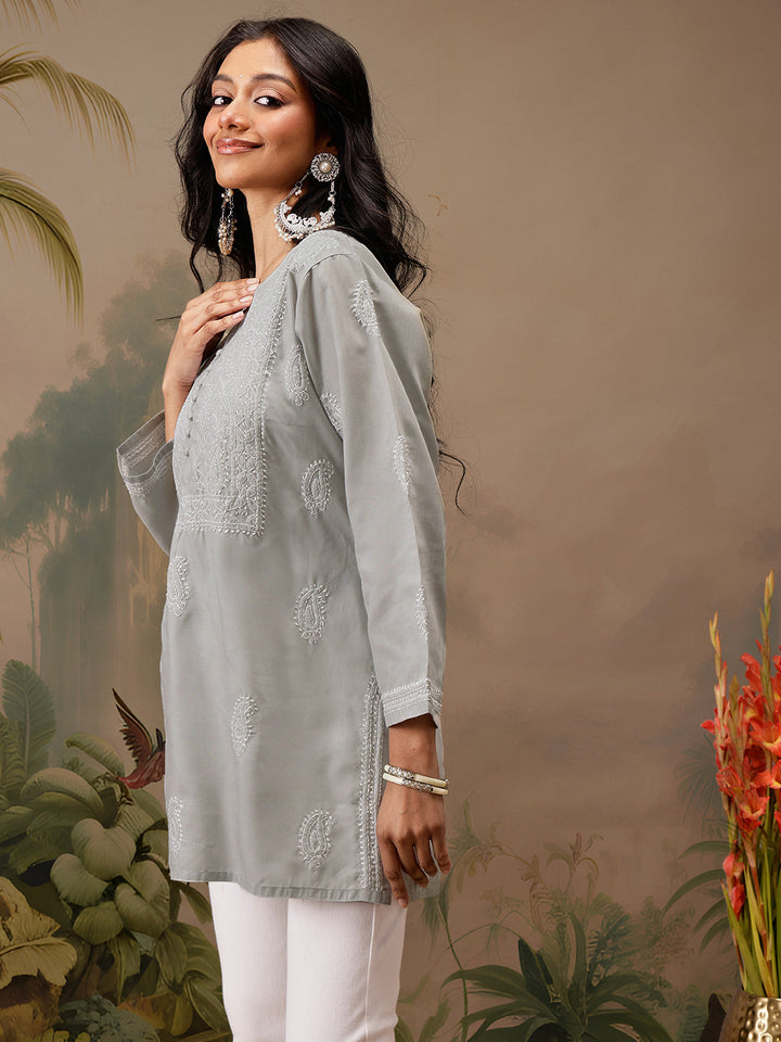 Grey Cotton 100% Original Chikankari Tunic Top