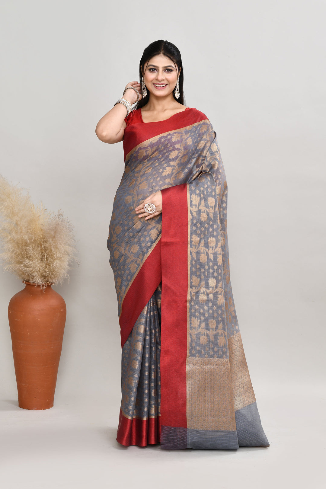 Grey-Kota-Silk-Floral-Banarasi-Zari-Work-Saree