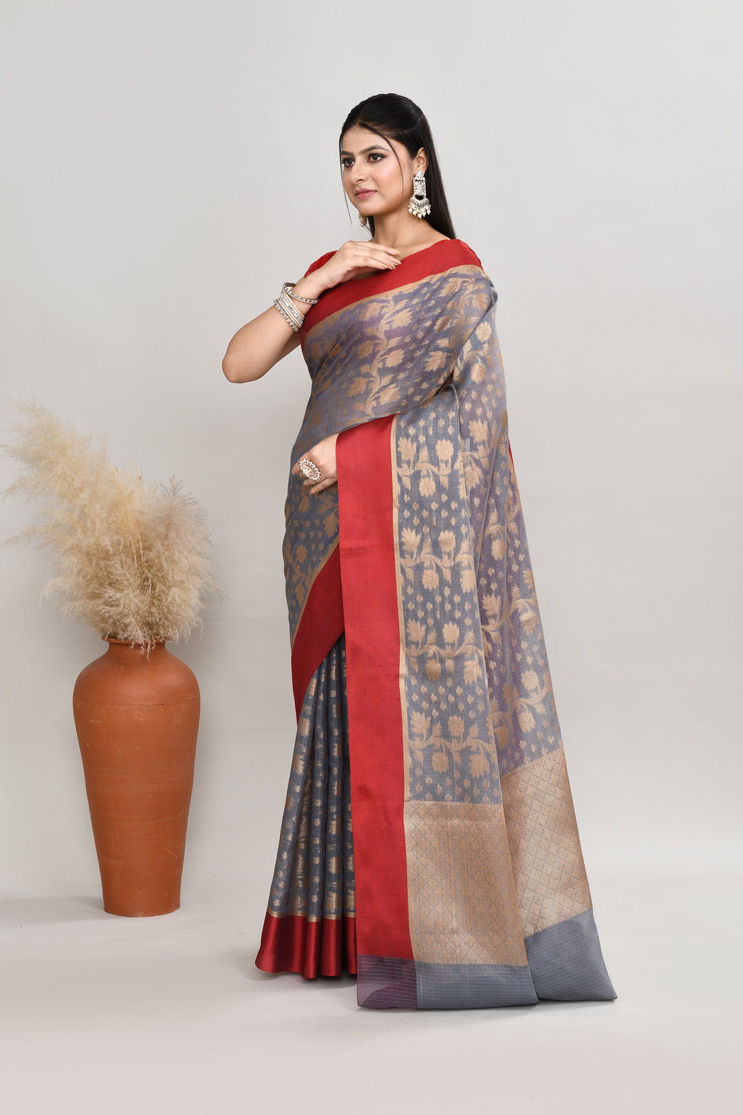 Grey-Kota-Silk-Floral-Banarasi-Zari-Work-Saree