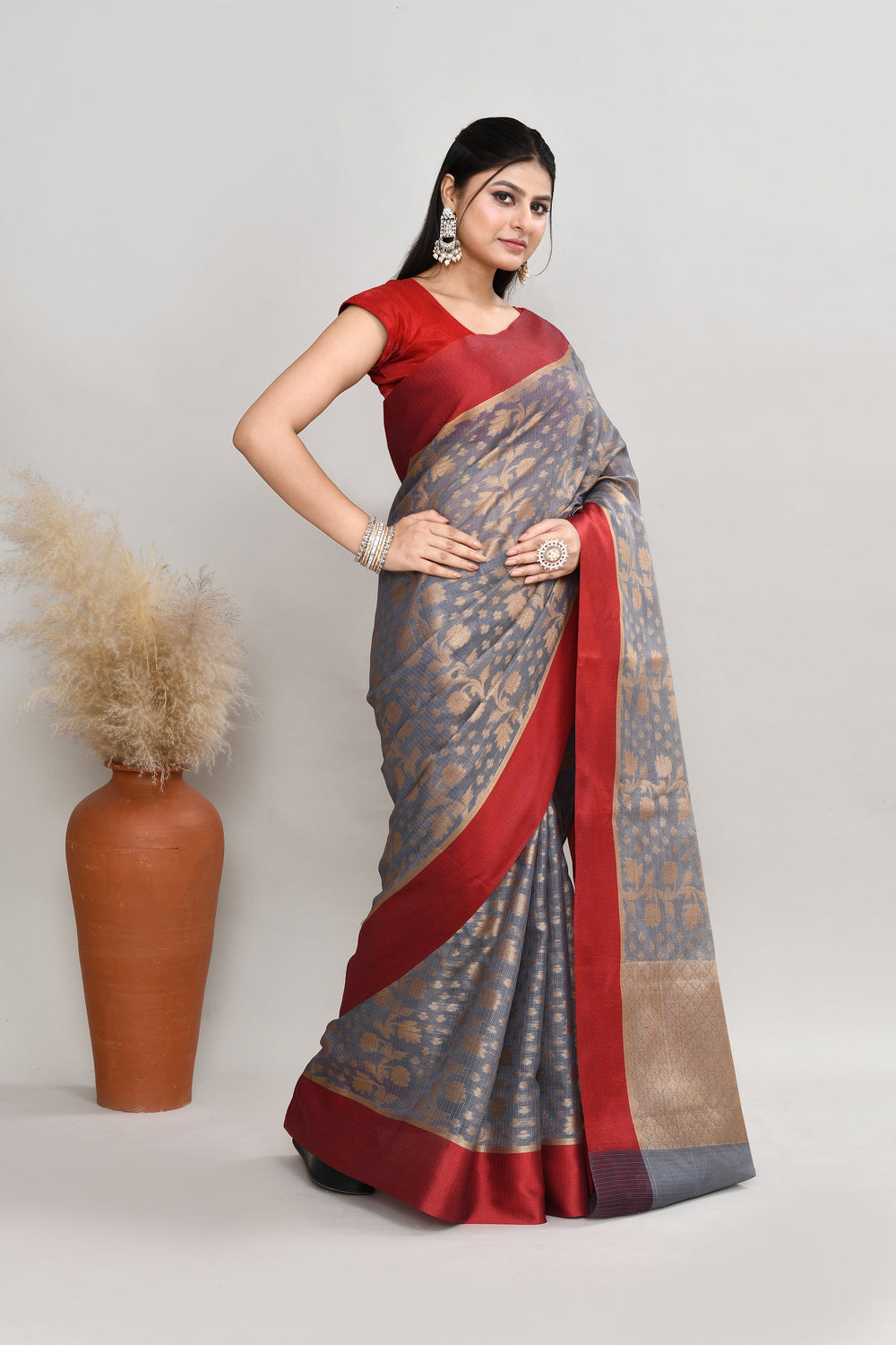 Grey-Kota-Silk-Floral-Banarasi-Zari-Work-Saree