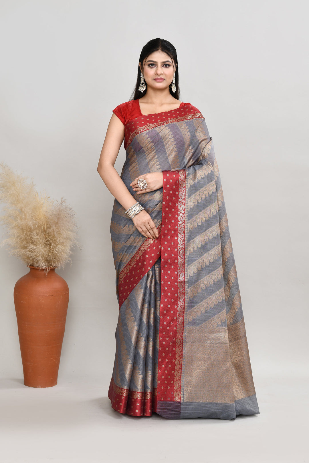 Grey-Kota-Silk-Red-Border-Banarasi-Zari-Work-Saree